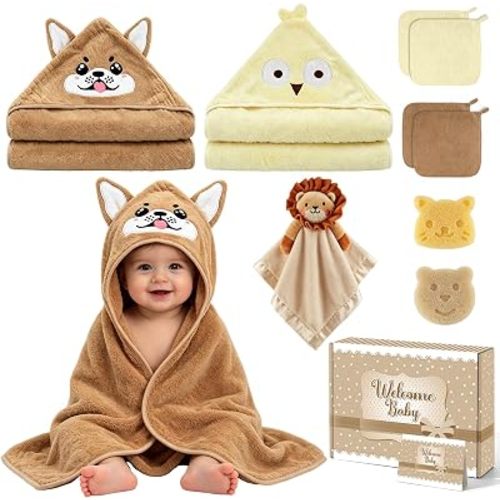9 Pcs Baby Bath Towels Set for Infants Toddlers, 2 Pcs Hooded Baby Towels & Bath Sponge, Security Blanket, 4 PCS Washcloths for Baby Shower, Boys Girls Soft Absorbent Baby Bath Towels, Newborn Gifts