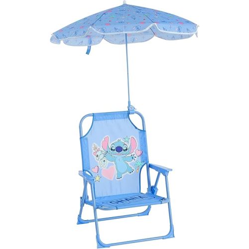 Disney Stitch Kids Beach Chair with Umbrella,Foldable Portable Toddler Chair with Armrests, Locking Mechanism & Sun Shade