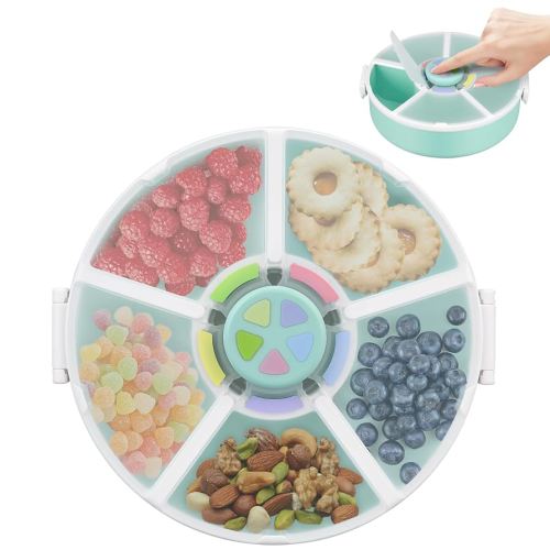 Snack Rotator Container Reusable Snack Box with 5 Compartment Dispenser and Lid, Color Matching Opening Lid, BPA and PVC Free, for Home, School, Travel (1 Pack- Green)