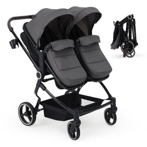 Side by Side Double Stroller for Twins,Lightweight Compact Foldable Baby Travel Stroller with High Landscape Seat,Darkgray