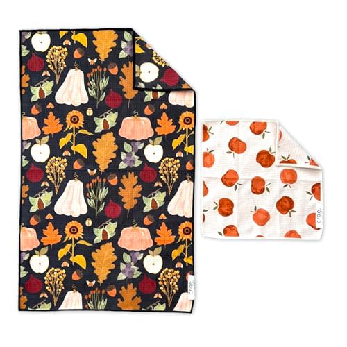 Microfiber Hand Towel & Washcloth Set, Double-Sided Waffle Weave Set of Two | Super Absorbent, Lint-Free, Fast Drying, Jonny & Gather Pattern, Blue/Multi, Bathroom, Kitchen, Car & Window Cleaning Cloths.