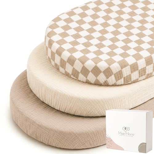 MairMore 3 Pack Muslin Baby Bassinet Sheets for Bedside Sleepers | Soft & Breathable, 100% Cotton, Full Elastic Fit, for Moses Basket, Oval Rectangle Pad and Mattress (Milky Coffee)