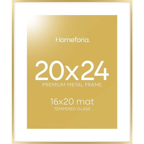 Homeforia 20x24 Picture Frame Gold, High End Metal 24x20 Frames for Wall, 20x24 Gold Frame Matted to 16x20 Print, 20 x 24 Poster Large Frame with Mat 16 by 20 Photo, Tempered Glass, Wall Kit, Set of 1