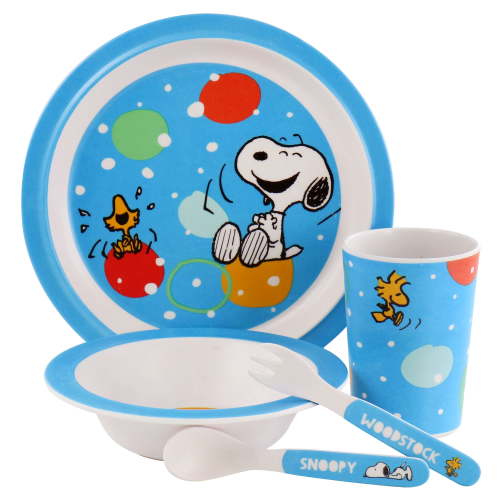 Peanuts Fun Times 5 Piece Kid's Bamboo Melamine Dinnerware Set in Blue