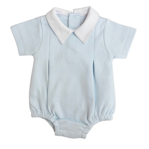 Monogramed Classic Baby Blue Jacquard Bubble Romper with White Peter Pan Collar – Caprilina