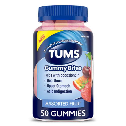 Tums Gummy Bites Dietary Supplement for Occasional Heartburn Relief, Assorted Fruit Flavors - 50 Count