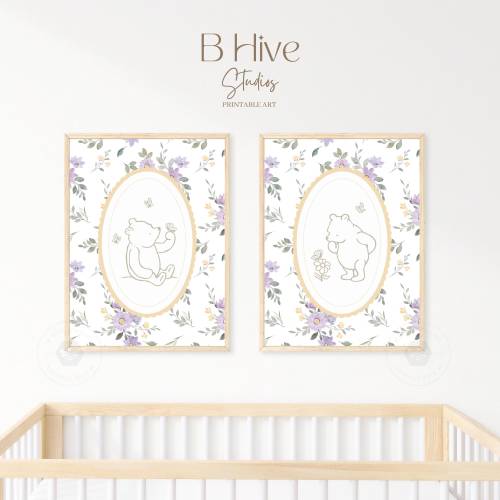 Vintage Winnie the Pooh Nursery Prints: Lavender Floral Art (Digital Download)