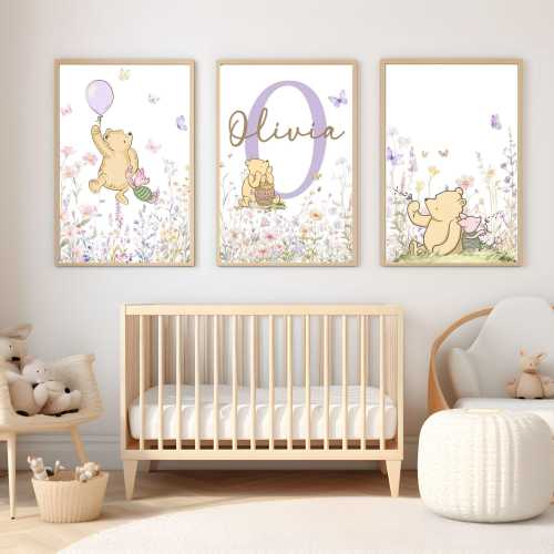 Winnie the Pooh Baby girl Nursery Wall Art| Vintage Floral Nursery| Personalized name sign Initial | Lavender Purple