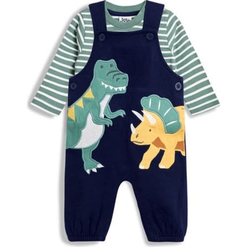 Stripe T-Shirt & Dinosaur Appliqué Overalls Set, 6-12M