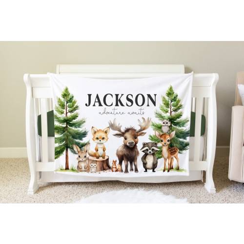 Woodland Blanket, Personalized Baby Blanket Gift, Toddler Blanket, Forest Decor, Toddler Birthday Gift, Woodland Theme Adventure Awaits BB20