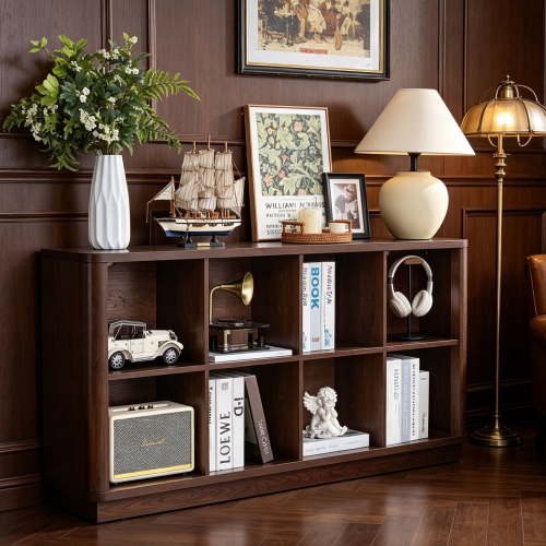 Joaxswe 8 Cube Storage Book Shelf, 52" Horizontal Bookshelf with Curved Edge, Modern Low Console Book Case, TV Stand for Living Room, Walnut