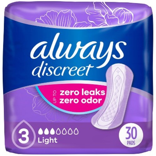 Always Discreet Incontinence & Postpartum Incontinence Pads - Light Absorbency - 30ct