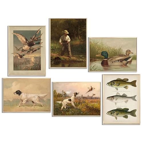 6Pcs Nursery Hunting Wall Art Vintage Fishing Boy Wall Decor Mallard Duck Painting Pictures Hunting Dog Pheasant Posters Prints for Boys Room Farmhouse Canvas Unframed
