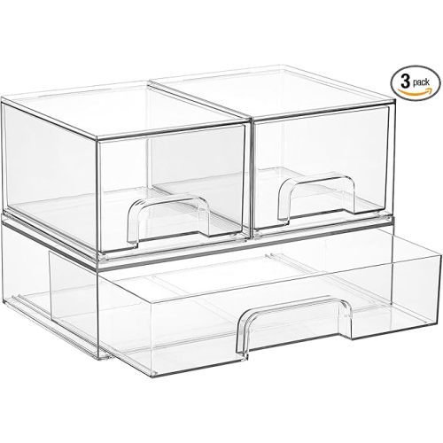 Vtopmart Stackable Storage Drawers Set of 3,Clear Plastic Organizer Bins for Makeup, Cosmetics, Beauty Supplies,Ideal for Vanity, Bathroom,Cabinet,Pantry Organization
