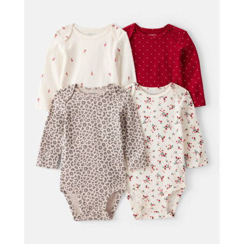 Baby Girl 4-Pack Leopard Print Cotton Long-Sleeve Multipack Bodysuits - Red/White - in NB