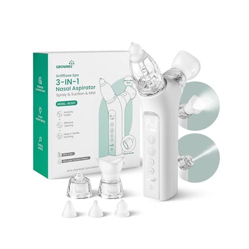 GROWNSY 3-in-1 Baby Nasal Aspirator – Spray, Suction & Mist, Light Grey | Hospital-Grade Nose Suction Clears Fast, Soothing Light & Music, Large Chamber Cuts Frequent Emptying, Easy to Clean