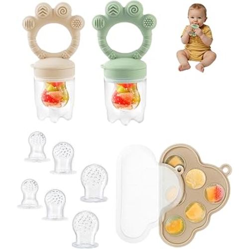 Baby Popsicle Molds & Food Feeder Set, Baby Fruit Feeder for Infant Teething Relief & Safe Infant Self Feeding 4 Months+ Starting Solids for Essentials (Green+Beige)