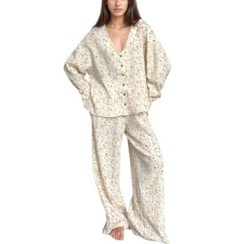 Anna-Kaci Lounge Women's Floral Print Woven Pajama Set with V-Neck Button Down Top and Wide Leg Elastic Waist Pants
