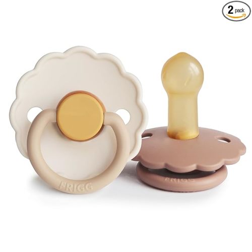 FRIGG Daisy Natural Rubber Baby Pacifier | Made in Denmark | BPA-Free (Chamomile/Peach Bronze, 6-18 Months) 2-Pack