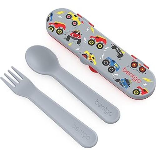 Bentgo Kids Utensil Set - Reusable Plastic Fork, Spoon & Storage Case - BPA-Free Materials, Easy-Grip Handles, Dishwasher Safe - Ideal for School Lunch, Travel, & Outdoors (Trucks)