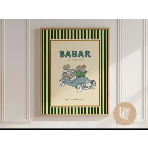 Babar the elephant in car with famil nursery wall art retro kids decor quote wall art genre neutral baby wall art illustration nursery print