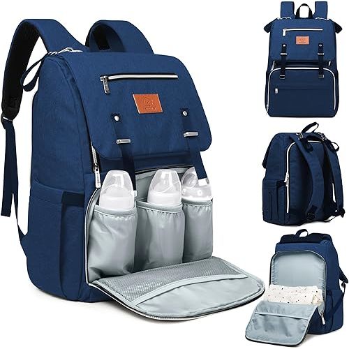 KeaBabies Baby Diaper Bag Backpack with Changing Pad - Waterproof Baby Bag for Mom and Dad, Insulated Bottle Pockets, Durable Toddler, Twin, Boy Girl Diaper Backpack for Travel, Large (Navy Blue)
