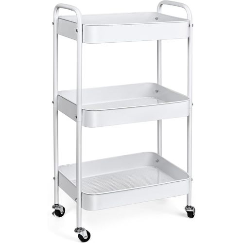 3-Tier Metal Rolling Utility Cart with Wheels, Space-Saving Storage Organizer for Kitchen, Bathroom, Office and Dorm, Easy Assembly, Lightweight, White