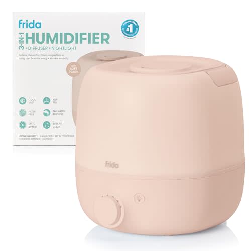 Frida Baby 3-in-1 Cool Mist Humidifier for Large Rooms, Top Fill Humidifier for Bedroom, Allergy Relief, 60 Hour Runtime + Nightlight, Auto Shut-Off, Quiet, Carry Handle, Essential Oil Diffuser