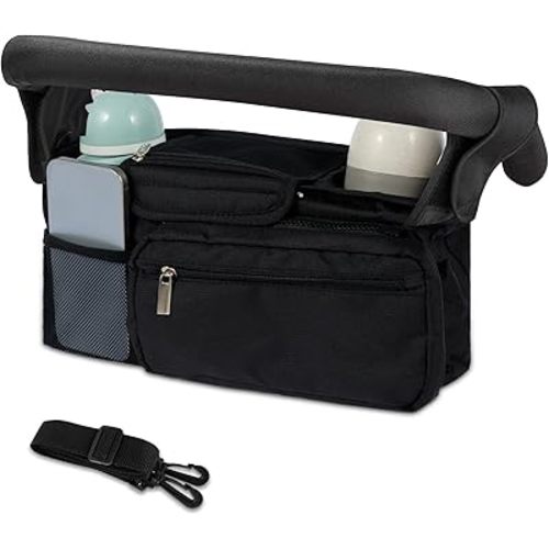 Universal Stroller Organizer with 2 Cup Holder Waterproof Oxford Stroller Caddy Organizer with Detachable Pocket Adjustable Shoulder Strap Stroller Organizer 13.3×4.7×5.9in (Black)