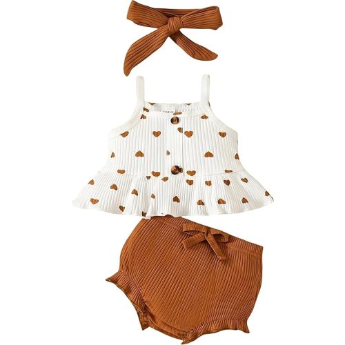VARMILO Toddler Girl Outfit Set,Soft Ribbed Heart Print Sleeveless Cami Top,Ruffled Shorts & Bow Headband for Baby Girls