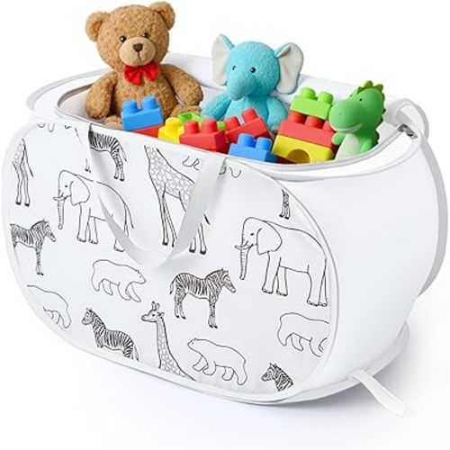 Collapsible Toy Box with Zipper Lid - Lightweight Storage Basket Organizer, Sturdy Foldable Toy Basket with Handles for Kids - Animal Print, White