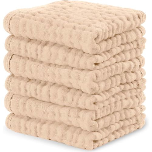 Comfy Cubs Muslin Baby Washcloths 6 Pack - Soft 6-Layer Cotton Wash Cloths for Sensitive Skin - 10"x10" Large, Gentle, Absorbent Infant Essentials for Newborn and Toddlers - Cream