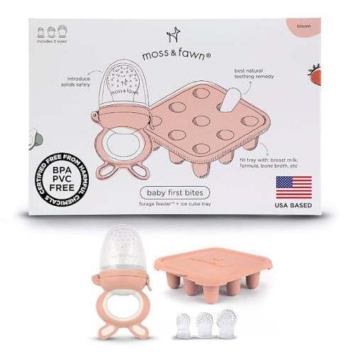 Moss and Fawn Baby's First Bites Bundle - Silicone Frozen Breast Milk Popsicle Kit with Forage Feeder & Teething Popsicle Ice Cube Tray - BPA, PVC, & Lead-Free - Bloom