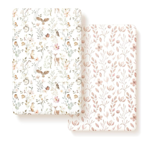 Pack n Play Sheets FItted 2 Pack, Stretchy Ultra Soft Jersey Knit Pack and Play Sheets, Universal Fitted Portable/Mini Crib Mattresses Snug and Safe, Beautiful Blush Pink Floral and Cute Animals Print