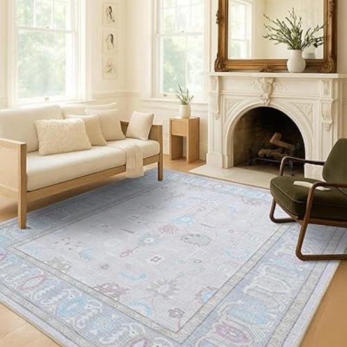 Fame Living Pink Oushak Rug, Modern, Vintage, Turkish, Eclectic, Floral, Pastel, Washable, Large Area Rugs for Living Room, Dining, Bedroom, Girls, Boys, 7'5"x9'8"