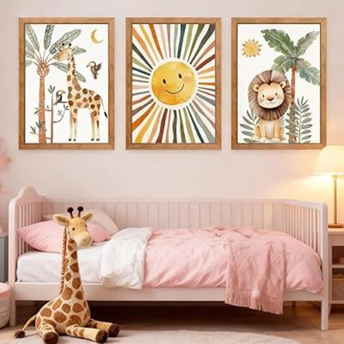 Cute Sun Lion Giraffe Quote Framed Wall Art Set of 4, 11x16 Boho Educational Animal Wall Sign for Baby Girl Kid Boy Toddlers, Wooden Inspirational Nursery Wall Decor Natural