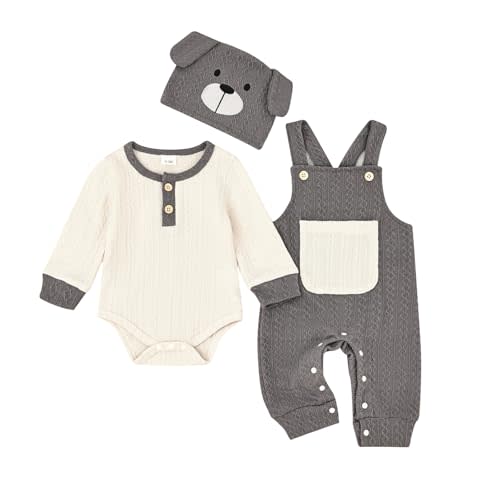 FOCUTEBB Baby Boy Clothes Cute Long Sleeve Romper Infant Pocket Overalls Adjustable Suspender Pants Set 0-18 Months