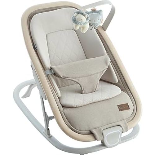 2-in-1 Baby Bouncer & Rocker,Portable Baby Bouncer Seat for Babies 0-9 Months, Baby Rocking Chair with 3 Reclining Positions,Wood Accents,Soft Newborn Insert - Beige