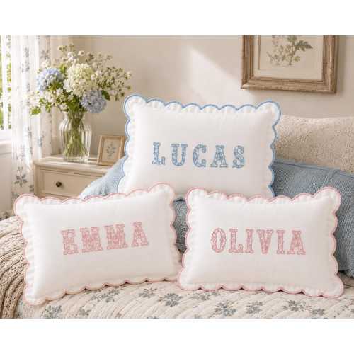 Personalized Scalloped Baby Name Pillow, Custom Nursery Lumbar Pillow, Blue Pink Gingham Ruffle Cushion For Baby Shower Decor Gift