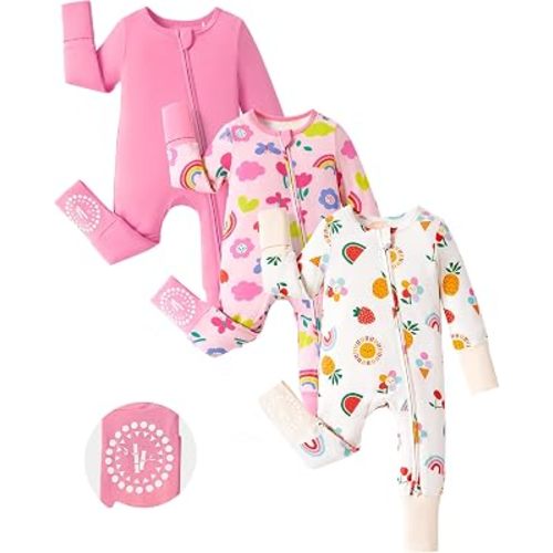 PATPAT Baby Boys Girls Bamboo Viscose Footies 3-Pack, NB-2T