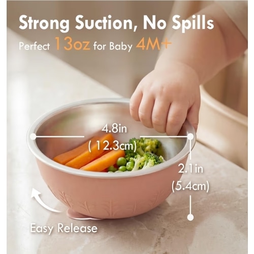 Moonkie Baby Bowls with Suction, Stainless Steel & Silicone Toddler Bowls with Lids, Seamless One-Piece Design Silicone Bowls for Babies 4 Months+, 13oz, BPA-Free, Lead-Free, Dishwasher Safe, 2 Pack