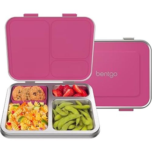 Bentgo Kids Stainless Steel Leak-Resistant Lunch Box - 3-Compartments with Bonus Silicone Container, Durable, Eco-Friendly, Dishwasher Safe, BPA-Free, Ideal for School, Ages 3+ (Fuchsia)