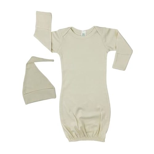 Monag Long Sleeve Organic Cotton Gown, Unisex Organic Cotton Baby Gown and Knotted Cap set