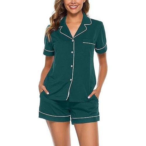 COLORFULLEAF Womens 100% Cotton Pajamas Set Short Sleeve Sleepwear Button Down Pjs Soft 2 Piece Lounge Set with Pockets S-XXL