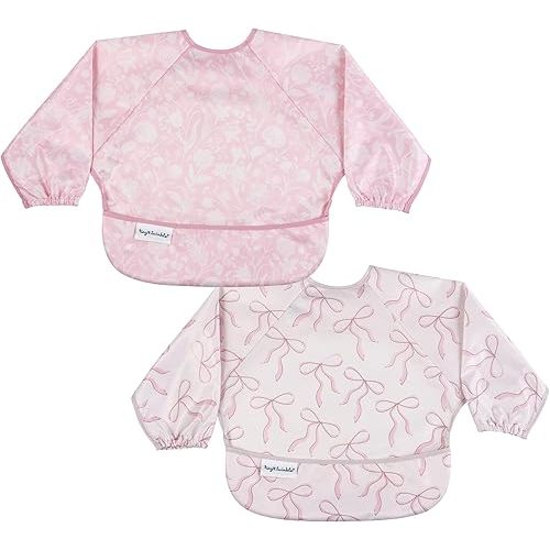 Tiny Twinkle Mess Proof Baby Bibs, 2pk Waterproof Smock Baby Bibs for Eating, Machine Washable Long Sleeve Bibs, Baby Led Weaning, Toddler Bibs, BLW Supplies (Toile,Bows, Small 6-24 Months)