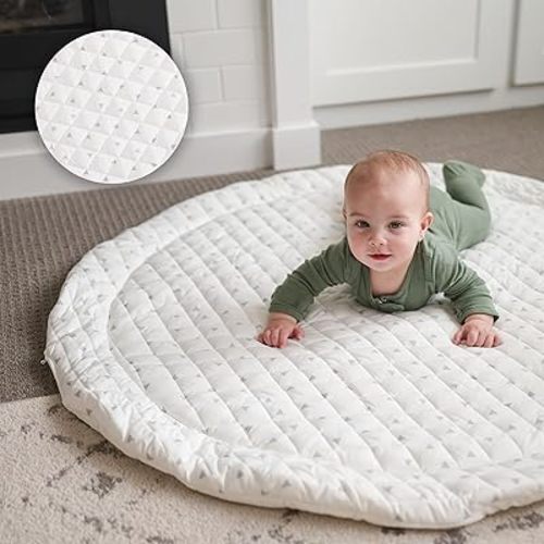 Round Baby Play Mat for Floor, 43" Reversible Tummy Time & Crawling Mat, Soft Cushioned Cotton Baby Playmat, Foldable & Machine Washable Activity Mat for Newborn to Toddler, Neutral Nursery & Playroom