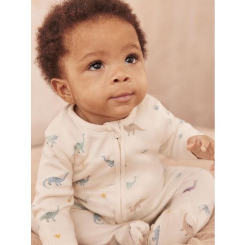 MORI Cream Dinosaur Print Supersoft 2 Way Zip-Up Sleepsuit
