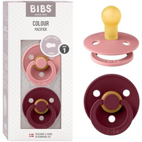 BIBS Pacifiers Colour Collection | Natural Rubber Baby Pacifier | Set of 2 BPA-Free Soothers | Made in Denmark | 0+ Months (Pack of 2) | Dusty Pink/Elderberry
