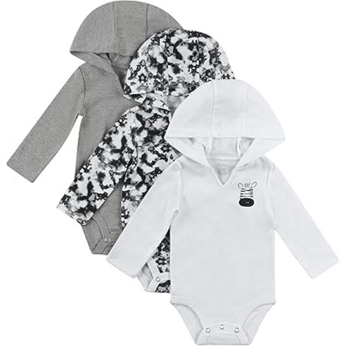 Hanes Baby Long Sleeve Bodysuit, Ultimate Bodysuit Hoodie Boys & Girls, 3-pack