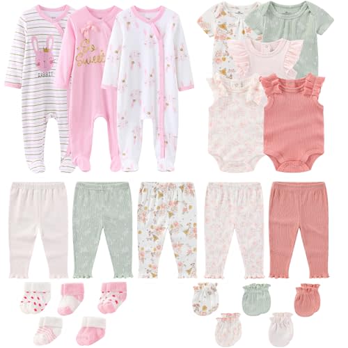 Newborn Baby Girl Boy Clothes Cotton Ribbed Mix Layette Gift Set | Unisex bodysuit pant outfits 23 Pcs, new born clothing and accessories 0-12 month